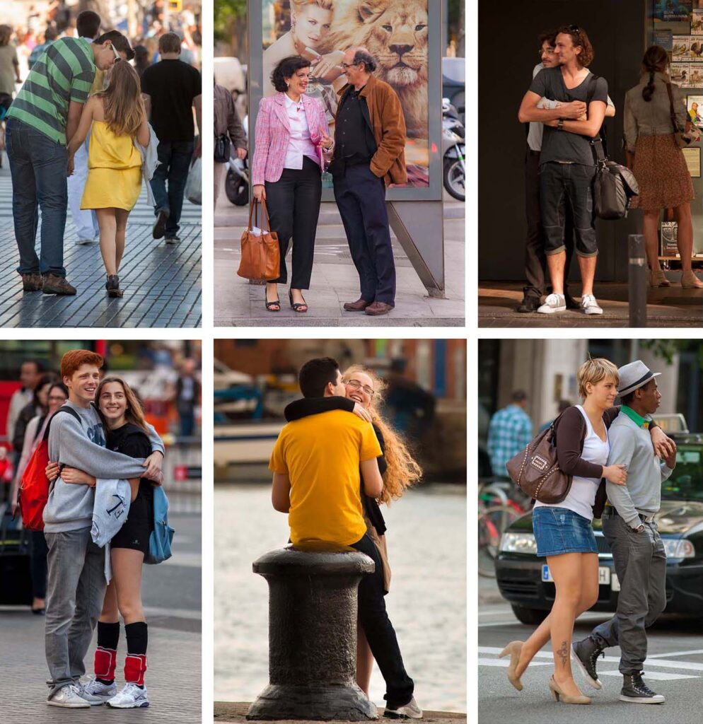 Diferentes imágenes que captan a parejas demostrando su amor por las calles de Barcelona