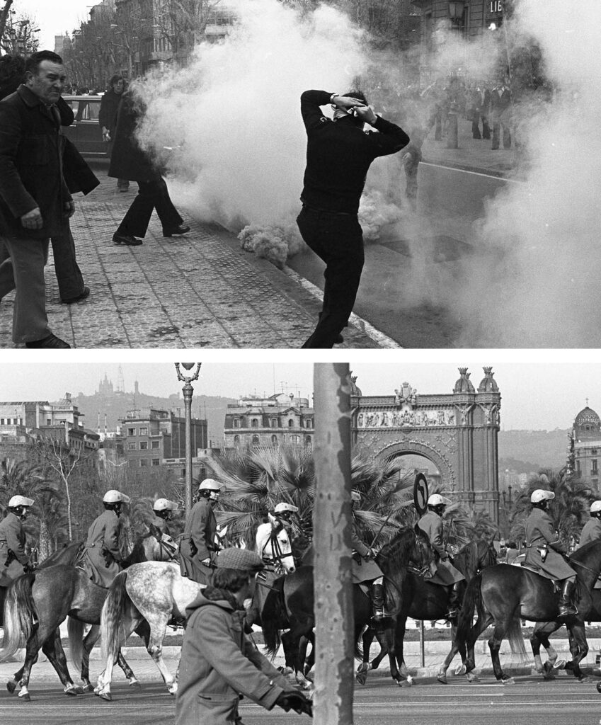 Dos fotografies sobre protestas durante el franquismo.