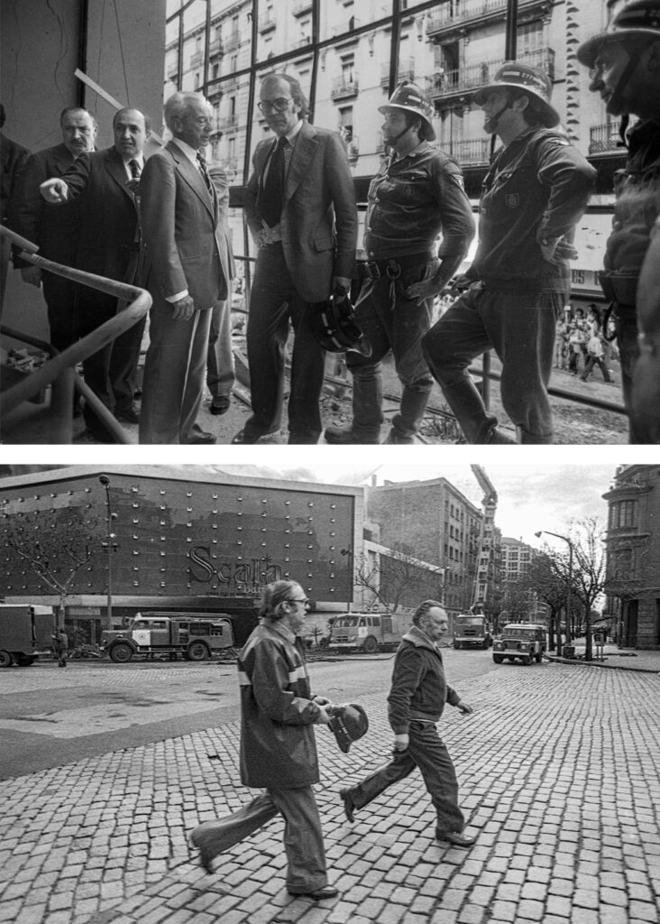 Dos fotografías con el alcalde Socías Humbert visitando los atentados que sufrieron la revista Papus y posteriormente la discoteca Scala de Barcelona