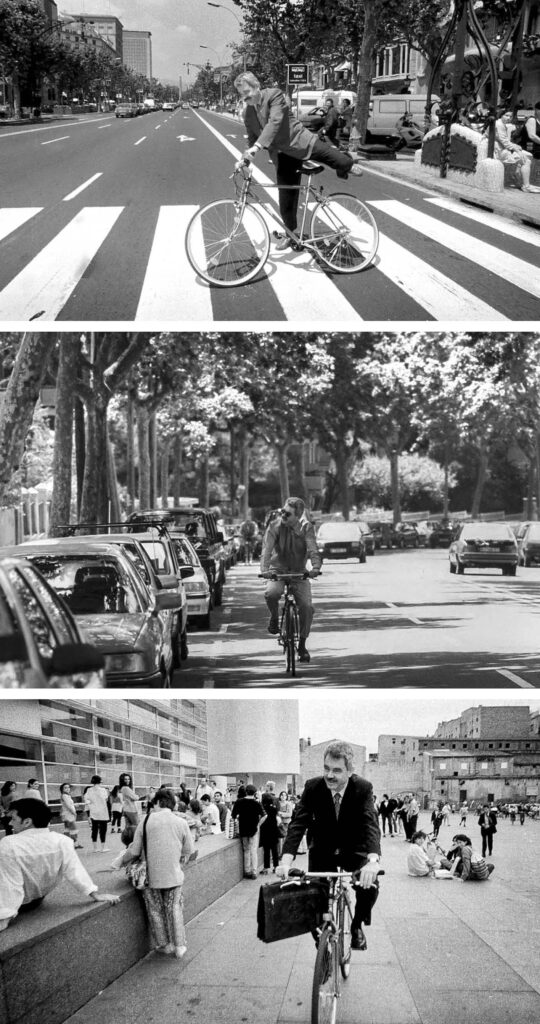 Diferentes fotografías de Pasqual Maragall circulando por la ciudad de Barcelona en bicicleta
