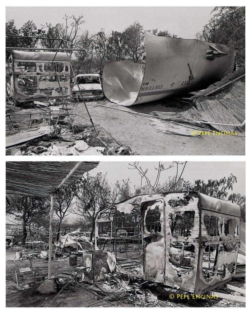 Dues imatges de com la devastació que va provocar la bola de foc al càmping Els Alfacs