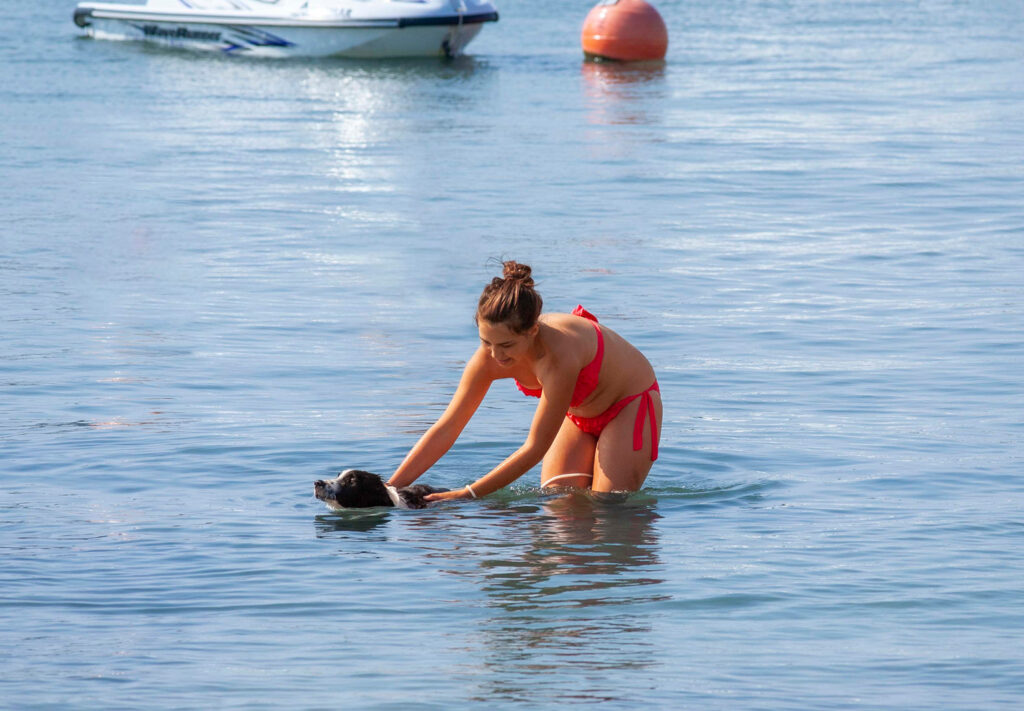 Una chica con su perro bañándose en la playa de l'Escala.